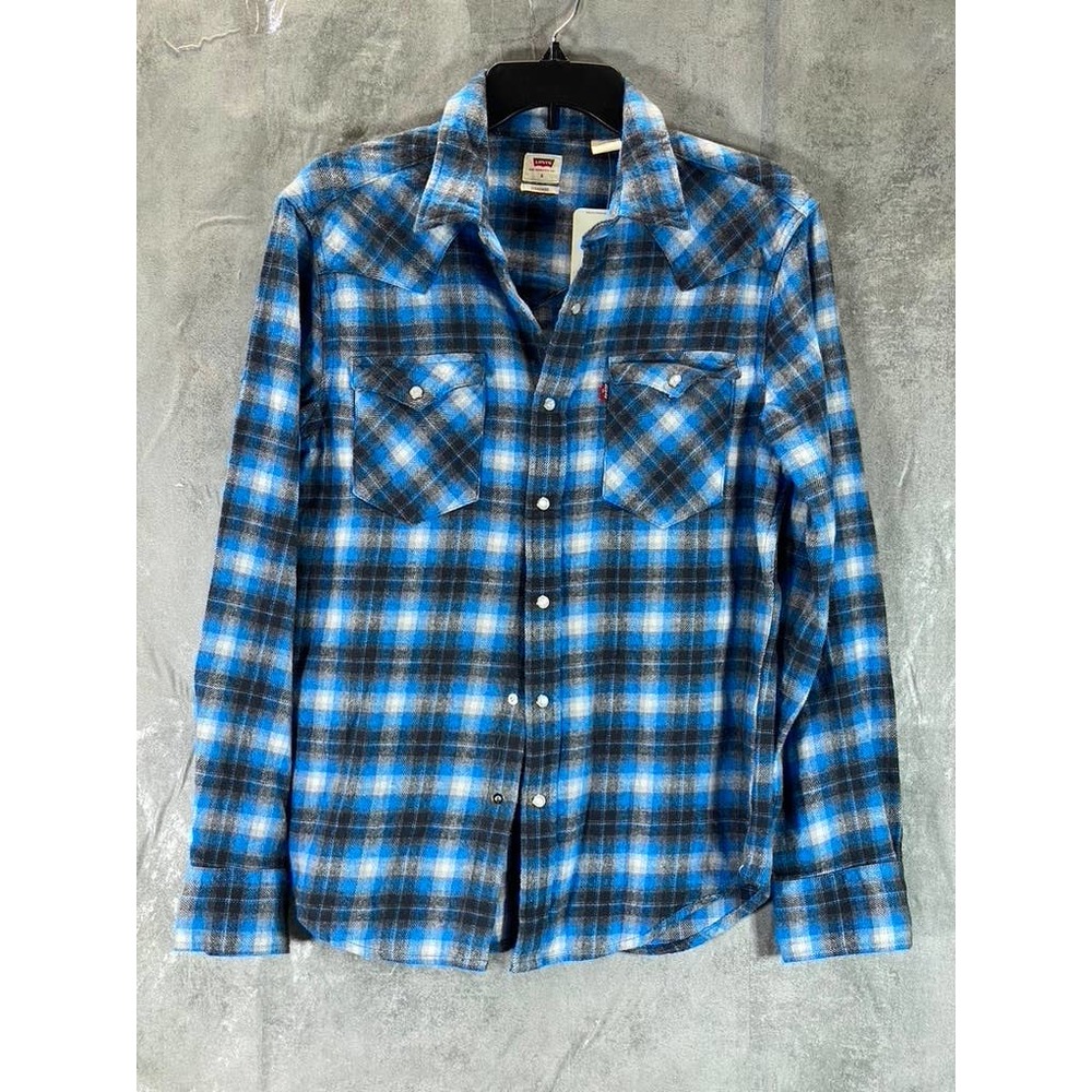 Levi's Men's Blue Plaid Classic Western Button-Up Long-Sleeve Shirt SZ S